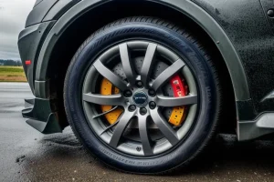 Person checking tire pressure with a gauge.